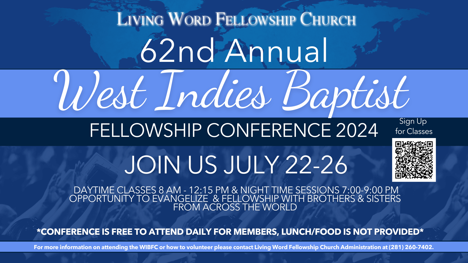 wibfc conference banner with details of conference over a world map and a crowd raising hands