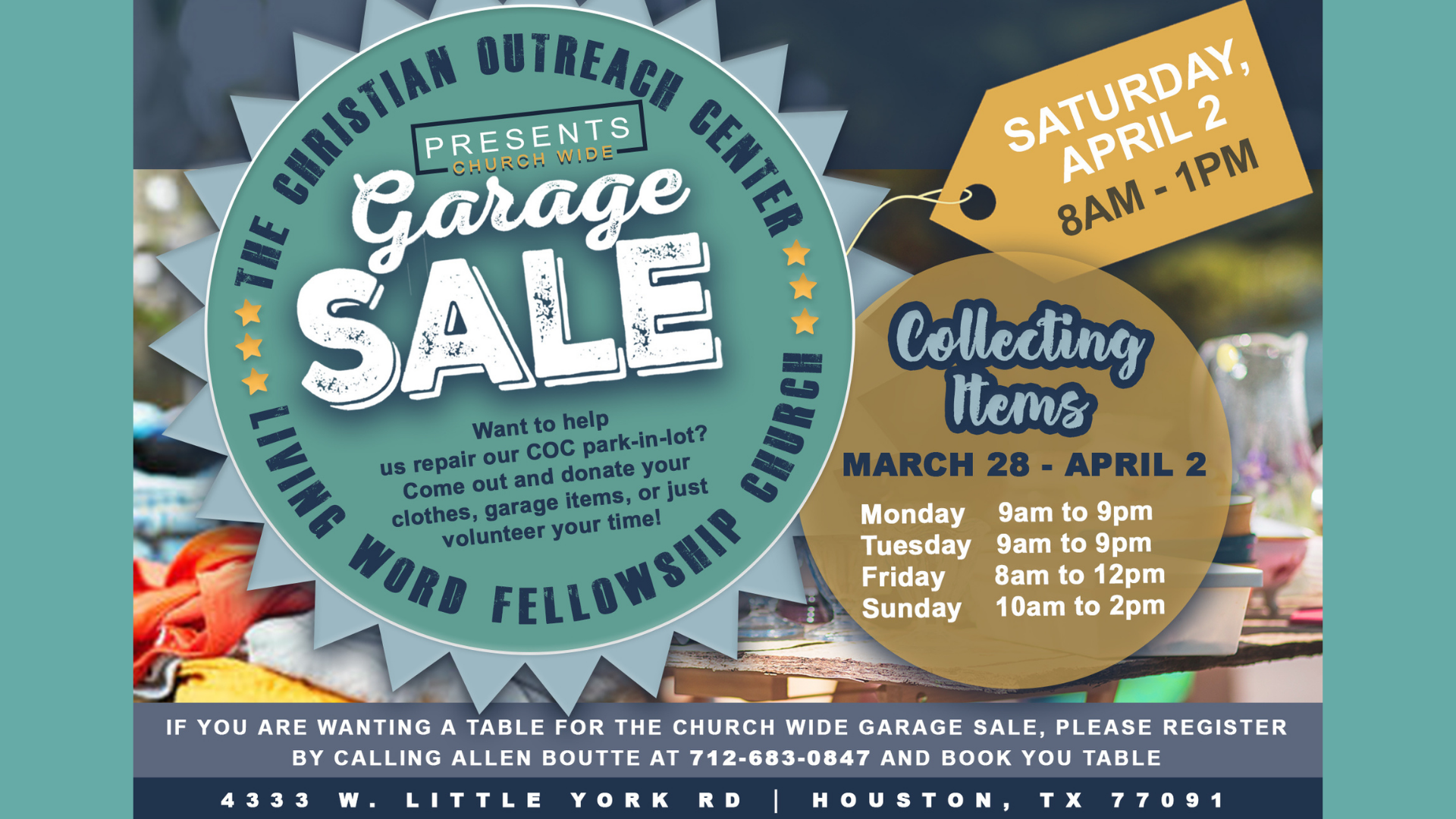 Christian Outreach Center – Church-Wide Garage Sale – April 2nd head image